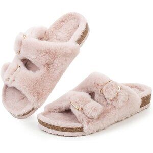 Women's Light Pink Cozy Lining Faux Rabbit Fur Cork Open Slipper Sandals Shoes